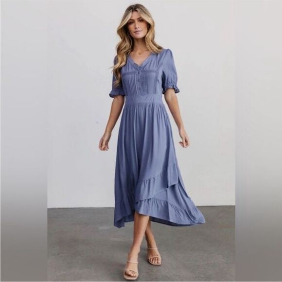Baltic Born Hannah Midi Asymmetric Ruffle Dusty Blue Midi Dress Size 3X - Picture 1 of 10